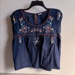 Navy Peasant Embroidered Peasant Top